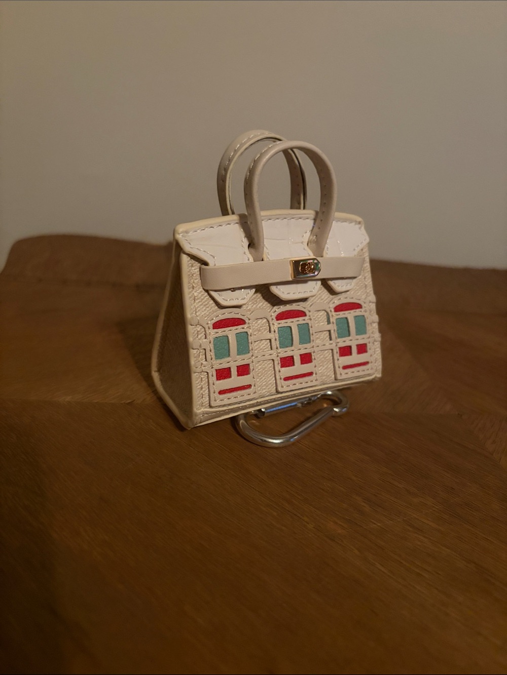 Cream Mini Tote Keychain Bag with Colorful Window Motif